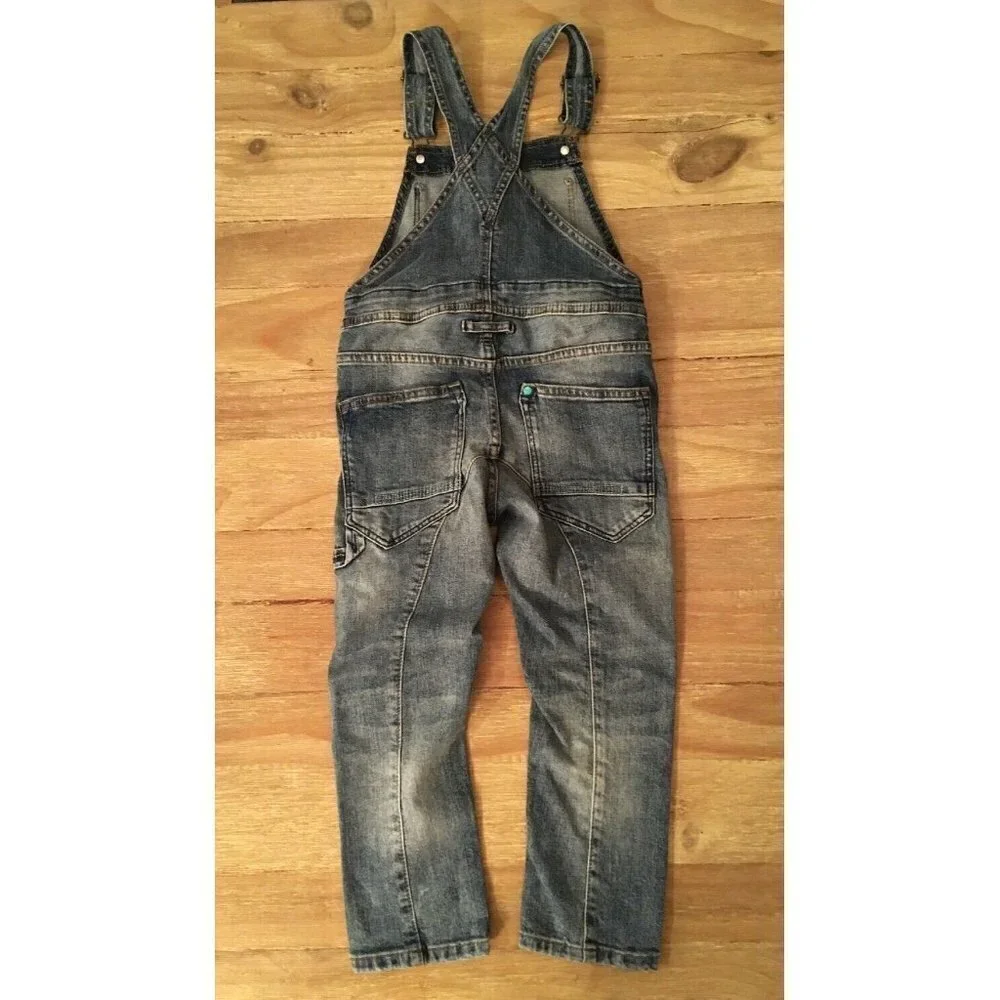 H&M &Denim Distressed Denim Long Overalls Jeans Medium Wash Girls Size 3-4Y